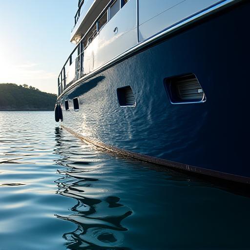 Scafo di un'imbarcazione di lusso dopo un trattamento di lucidatura, con riflessi perfetti sull'acqua